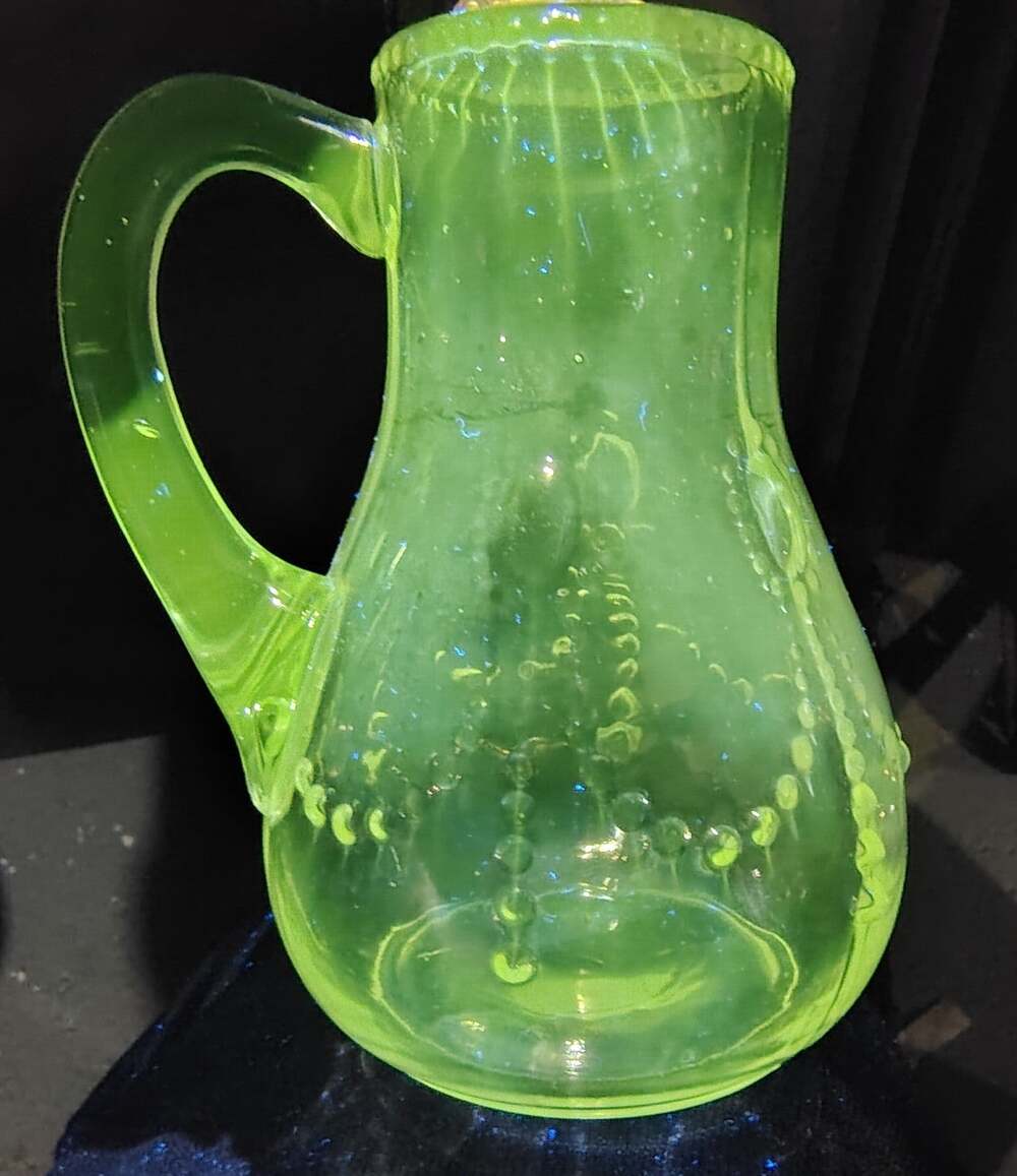 Antique Handblown Glass Syrup Pitcher With A UV REACTIVE Glow !